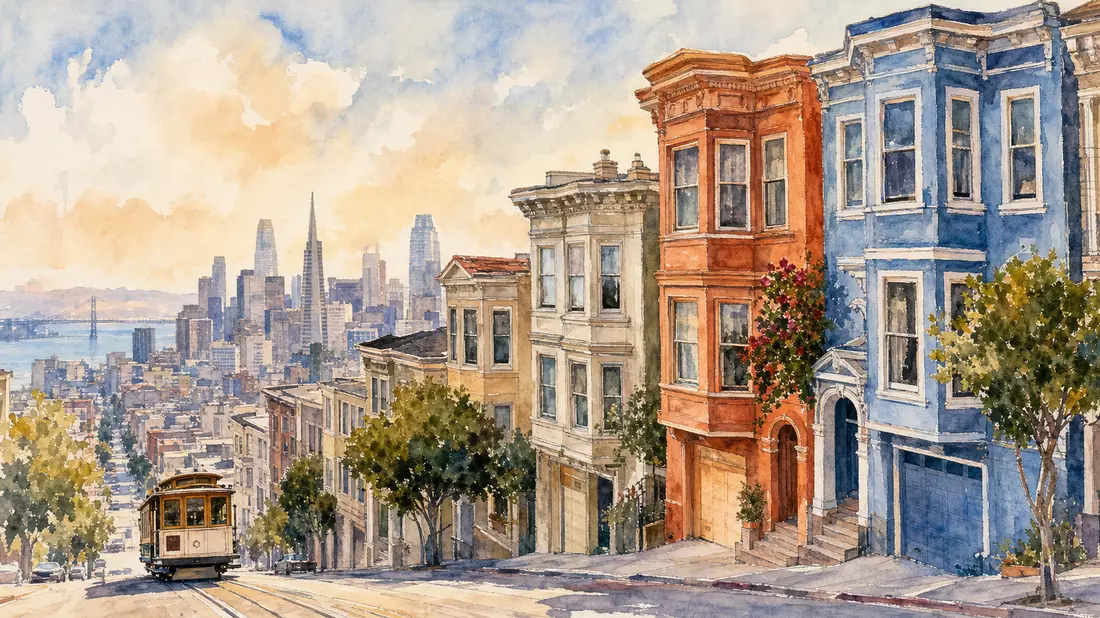 Aquarellillustration bunter Wohnhäuser auf Hügel in San Francisco