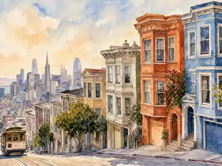 Aquarell-Illustration bunter Wohnhäuser auf Hügel in San Francisco für Essex Property Trust US29717P1049 - Foto: THN
