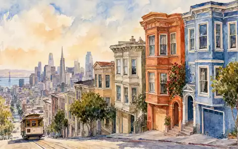 Aquarell-Illustration bunter Wohnhäuser auf Hügel in San Francisco für Essex Property Trust US29717P1049 - Foto: THN