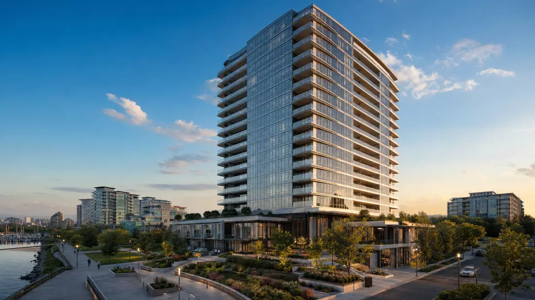 3D-Render modernes Wohnhochhaus mit Glasfassade am Wasser bei Dämmerung