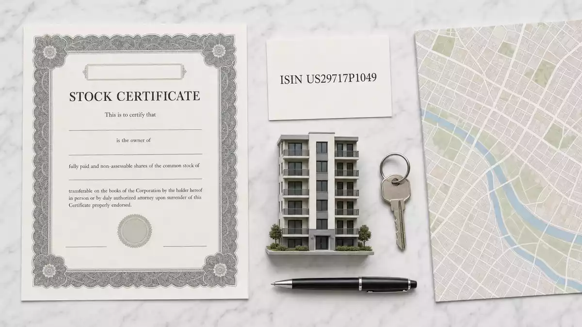 Draufsicht-Arrangement mit Aktienzertifikat, ISIN US29717P1049 und Hausschlüssel