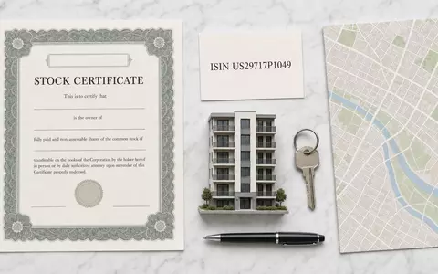 Flatlay mit Aktienzertifikat, ISIN-Karte US29717P1049 und Hausschlüssel als Symbole von Essex Property Trust - Foto: THN