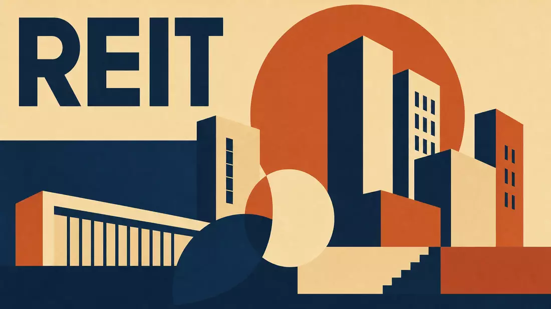 Bauhaus-Grafik geometrische Gebäudesilhouetten navy und terrakotta REIT