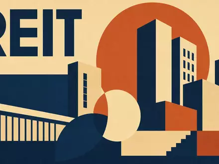 Bauhaus-Poster mit geometrischen Gebäude-Silhouetten und REIT-Schriftzug passend zu Essex Property Trust US29717P1049 - Foto: THN