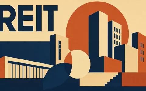 Bauhaus-Poster mit geometrischen Gebäude-Silhouetten und REIT-Schriftzug passend zu Essex Property Trust US29717P1049 - Foto: THN