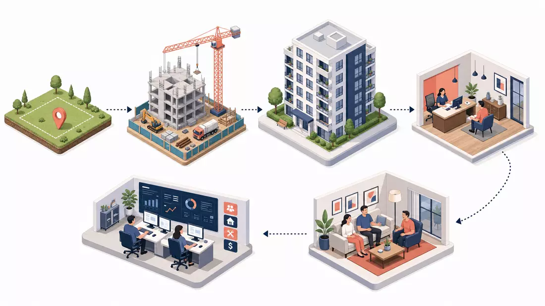 Isometrische 3D-Illustration Wertschöpfungskette Wohnimmobilien-REIT