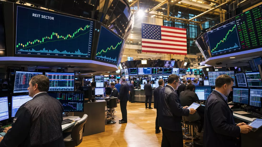 NYSE-Handelsparkett mit REIT-Sektor Kursdiagrammen auf Großbildschirmen