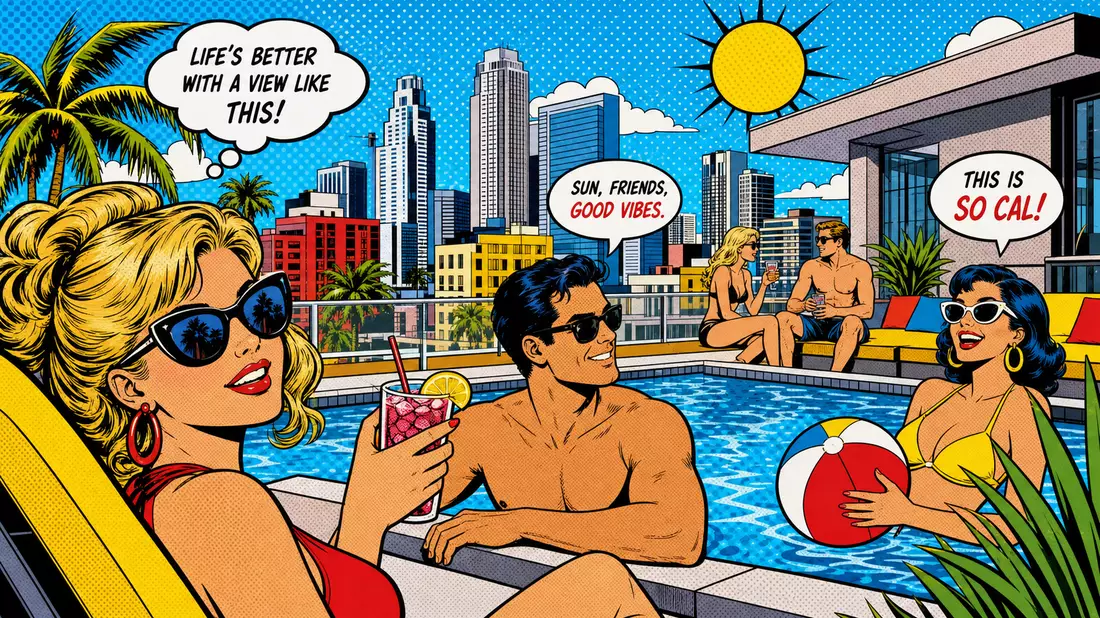Pop-Art-Comic-Szene Rooftop-Pool California Apartment mit Stadtsilhouette