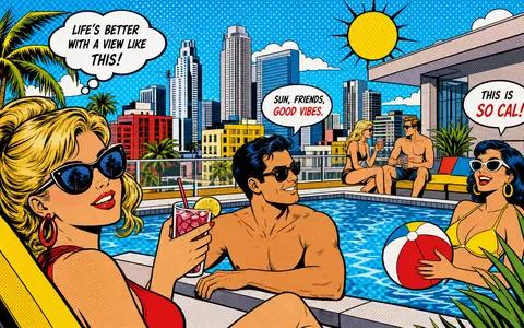Pop-Art-Comic-Szene zeigt den Rooftop-Pool-Alltag im Wohnkomplex der Immobilien-REIT Essex Property Trust US29717P1049 - Foto: THN