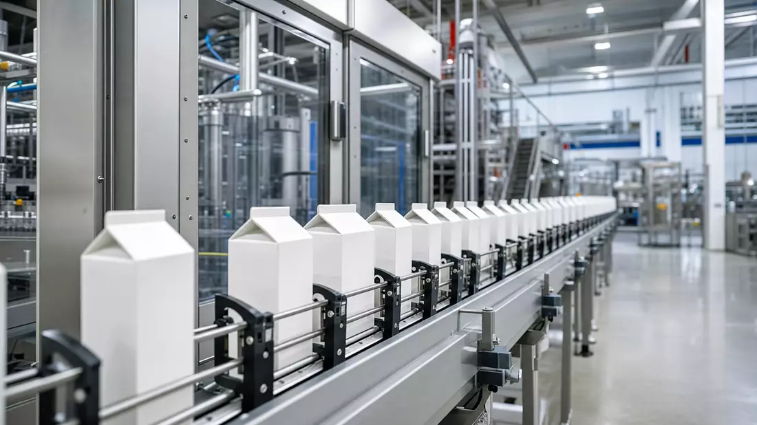 Fotorealistische Produktionslinie mit aseptischen Getränkekartons in moderner Fabrikhalle
