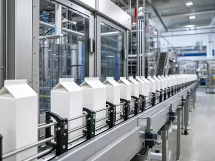 SIG Group AG CH0435377954 zeigt eine moderne Verpackungsanlage mit aseptischen Kartonpackungen auf einer Produktionslinie - Foto: THN
