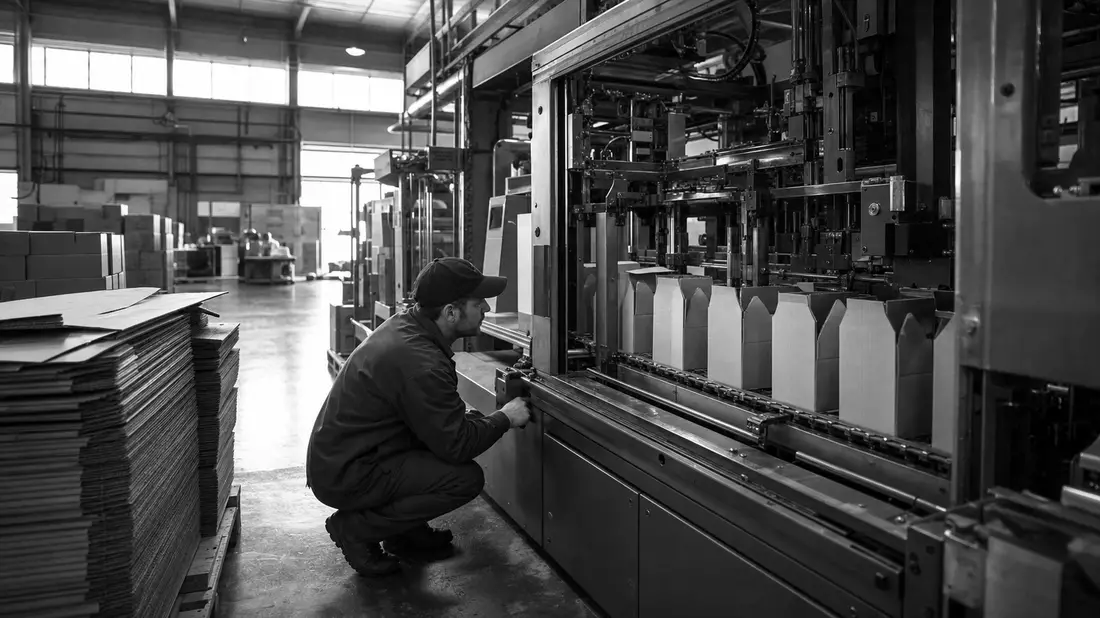 Schwarzweiß-Reportagefoto eines Technikers an einer Kartonabfüllmaschine in der Fabrik