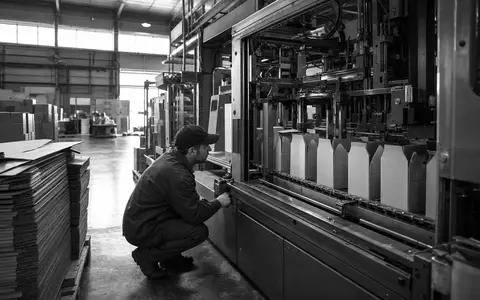 SIG Group AG CH0435377954 dokumentiert einen Techniker an einer Kartonabfüllanlage in dokumentarischer Schwarzweiß-Reportage-Aufnahme - Foto: THN