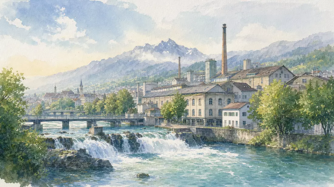 Aquarellmalerei einer Schweizer Industriestadt an einem Wasserfall bei Morgenlicht