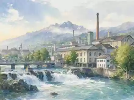 SIG Group AG CH0435377954 illustriert eine Schweizer Fabrikstadt am Rheinfall in stimmungsvoller Aquarell-Optik bei Morgenlicht - Foto: THN