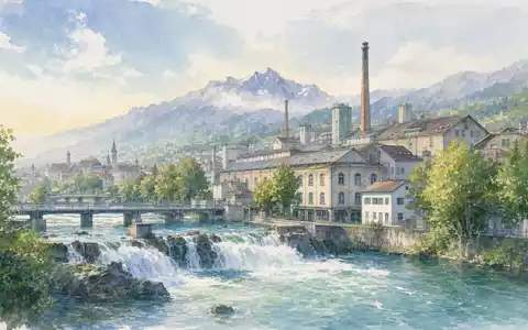 SIG Group AG CH0435377954 illustriert eine Schweizer Fabrikstadt am Rheinfall in stimmungsvoller Aquarell-Optik bei Morgenlicht - Foto: THN