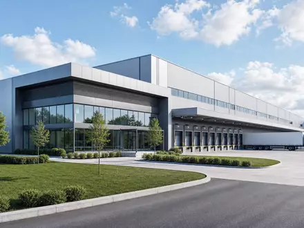 SIG Group AG CH0435377954 präsentiert ein modernes Verpackungswerk als präzises Architektur-Render mit Grünflächen und Logistikhof - Foto: THN