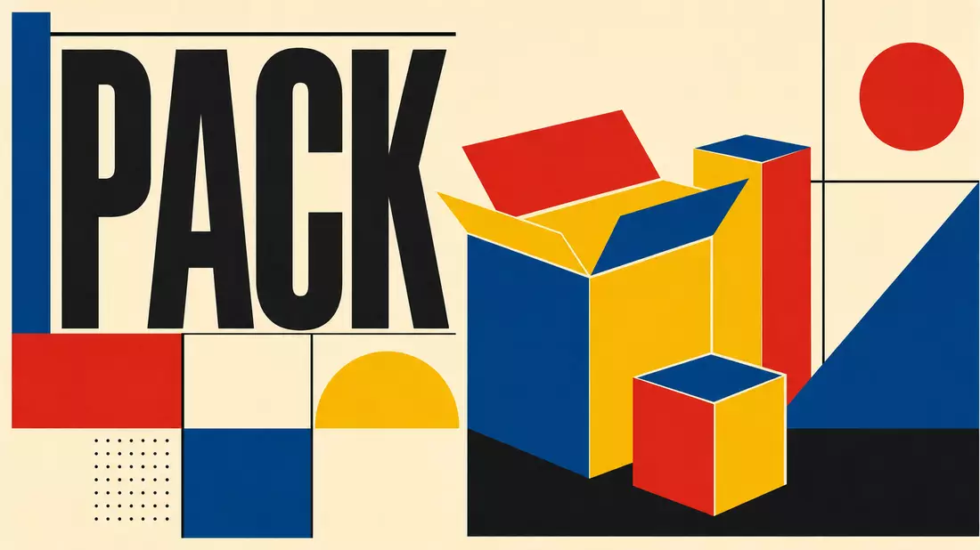 Geometrisches Bauhaus-Poster mit dem Wort PACK und stilisierten Kartonformen