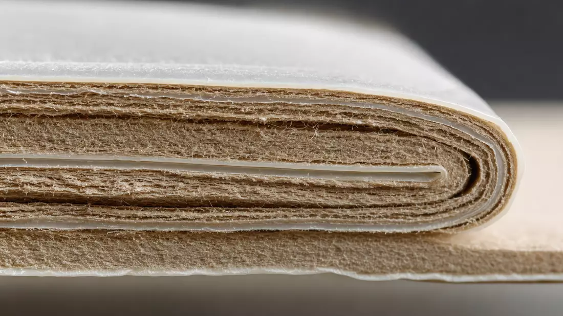 Makroaufnahme von geschichtetem Kartonverbundmaterial mit feinen Texturdetails