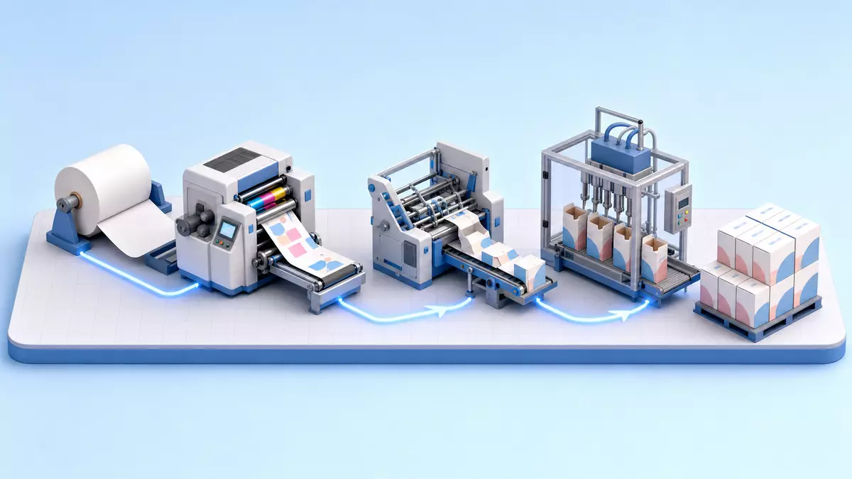 Isometrische 3D-Illustration einer Verpackungs-Wertschöpfungskette mit Rollen und Kartons