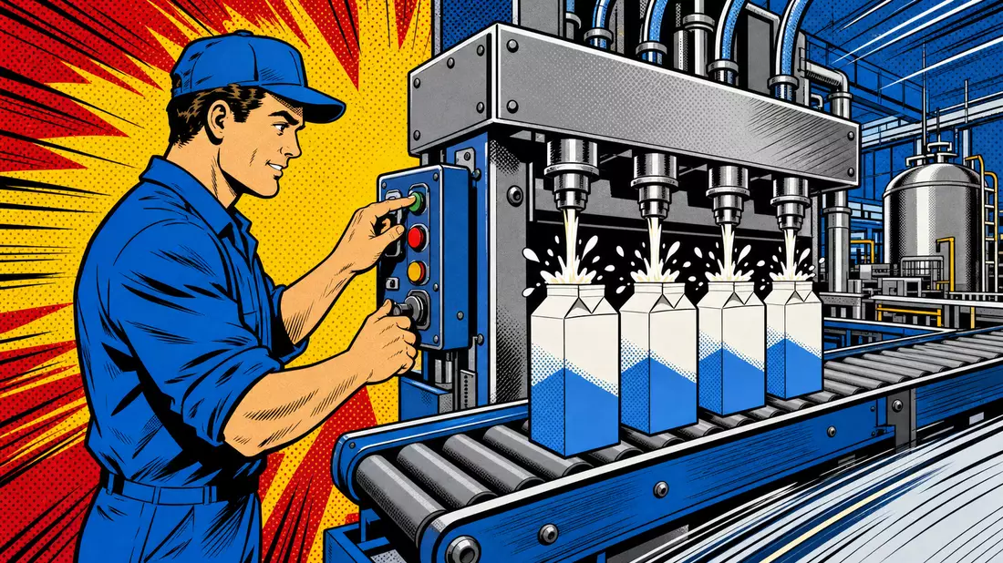 Pop-Art-Comic-Illustration eines Fabrikarbeiters an einer Kartonabfüllmaschine