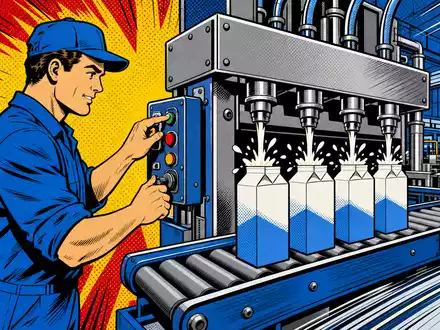 SIG Group AG CH0435377954 gestaltet eine farbenfrohe Pop-Art-Comic-Szene mit Fabrikarbeiter an einer Kartonabfüllmaschine - Foto: THN