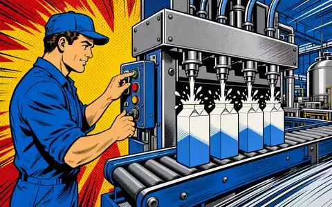SIG Group AG CH0435377954 gestaltet eine farbenfrohe Pop-Art-Comic-Szene mit Fabrikarbeiter an einer Kartonabfüllmaschine - Foto: THN