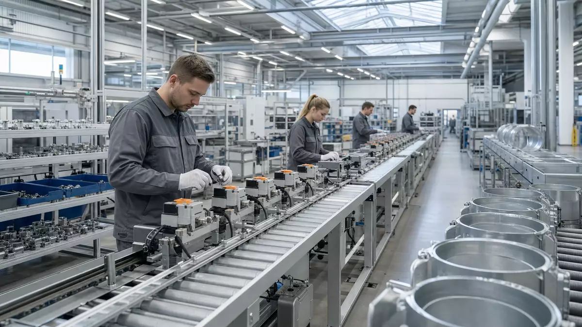 Fotorealistische HLK-Fertigungshalle mit Klappenantrieben und Lüftungskanälen in Produktion