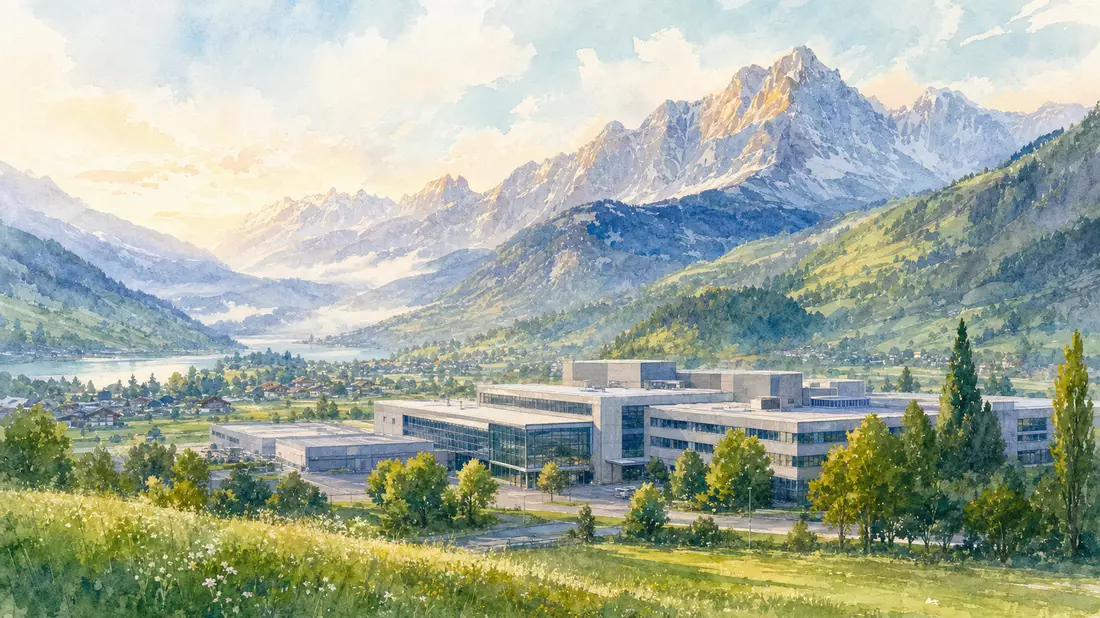 Aquarellillustration eines Schweizer Industriestandorts mit Bergpanorama im Hintergrund