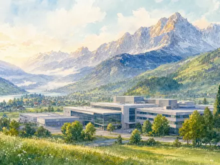 Belimo Holding AG (ISIN CH1101098163): Aquarellmalerei zeigt Schweizer Industriegebäude vor malerischem Alpenpanorama im Morgenlicht - Foto: THN