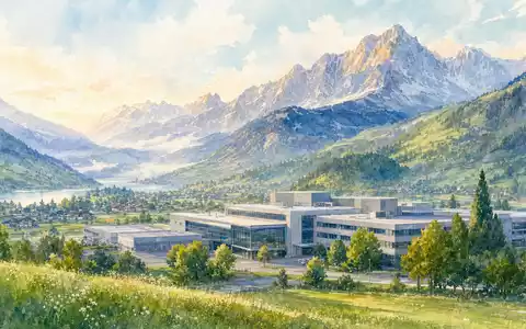 Belimo Holding AG (ISIN CH1101098163): Aquarellmalerei zeigt Schweizer Industriegebäude vor malerischem Alpenpanorama im Morgenlicht - Foto: THN