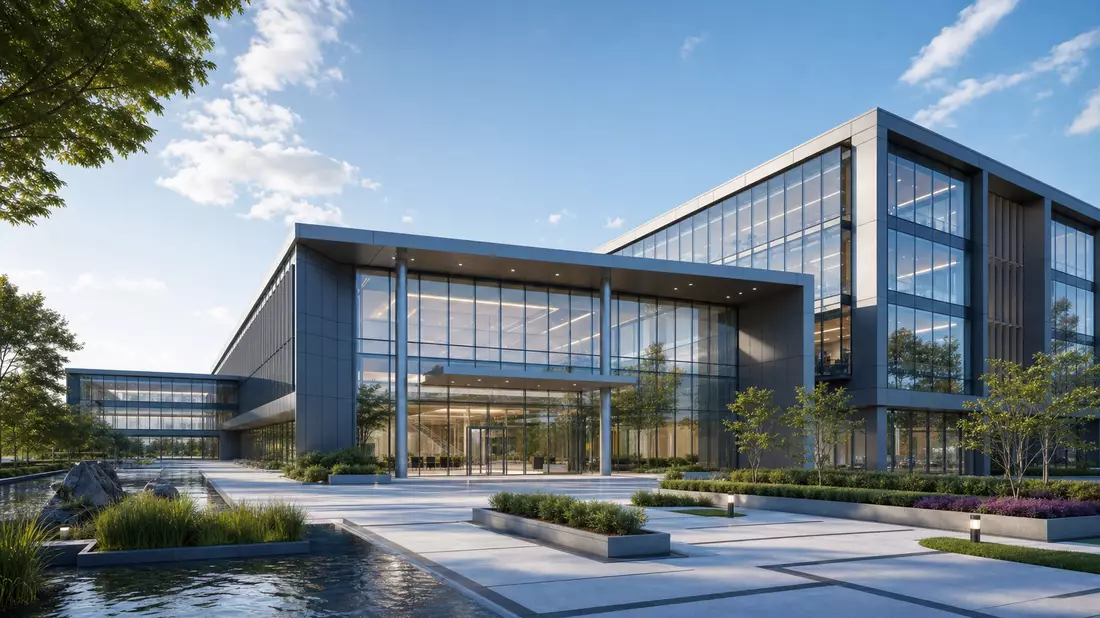 Architekturvisualisierung eines modernen Bürogebäudes für Gebäudeautomationstechnik
