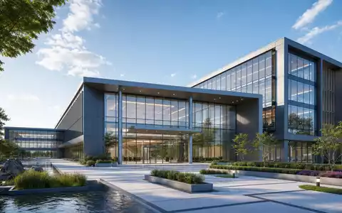 Belimo Holding AG (ISIN CH1101098163): Architektur-Render zeigt modernes FirmengebĂ€ude fĂŒr GebĂ€udetechnik mit Glasfassade - Foto: THN