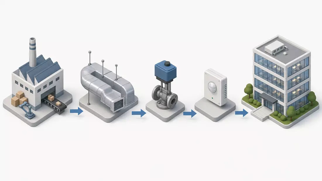 Isometrische 3D-Illustration der Wertschöpfungskette in der Gebäudeautomation