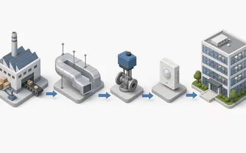 Belimo Holding AG (ISIN CH1101098163): Isometrische 3D-Grafik zeigt Wertschöpfungskette der Gebäudeautomation von Fabrik bis Bürogebäude - Foto: THN