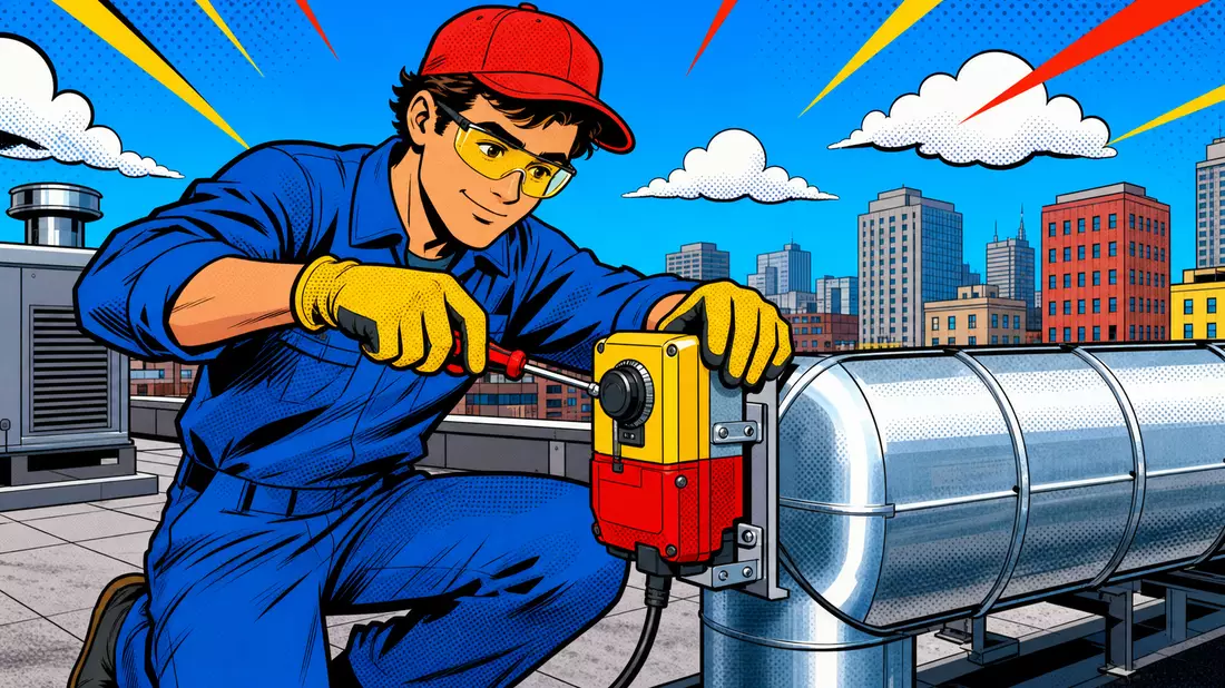 Bunte Pop-Art-Comic-Illustration mit stilisierten Lüftungs- und Klimaanlagenbauteilen