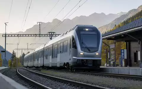 Stadler Rail AG (CH0002178181) zeigt einen modernen Zug an Bergbahnhof im Schweizer Schienenfahrzeugbau eindrucksvoll dargestellt - Foto: THN