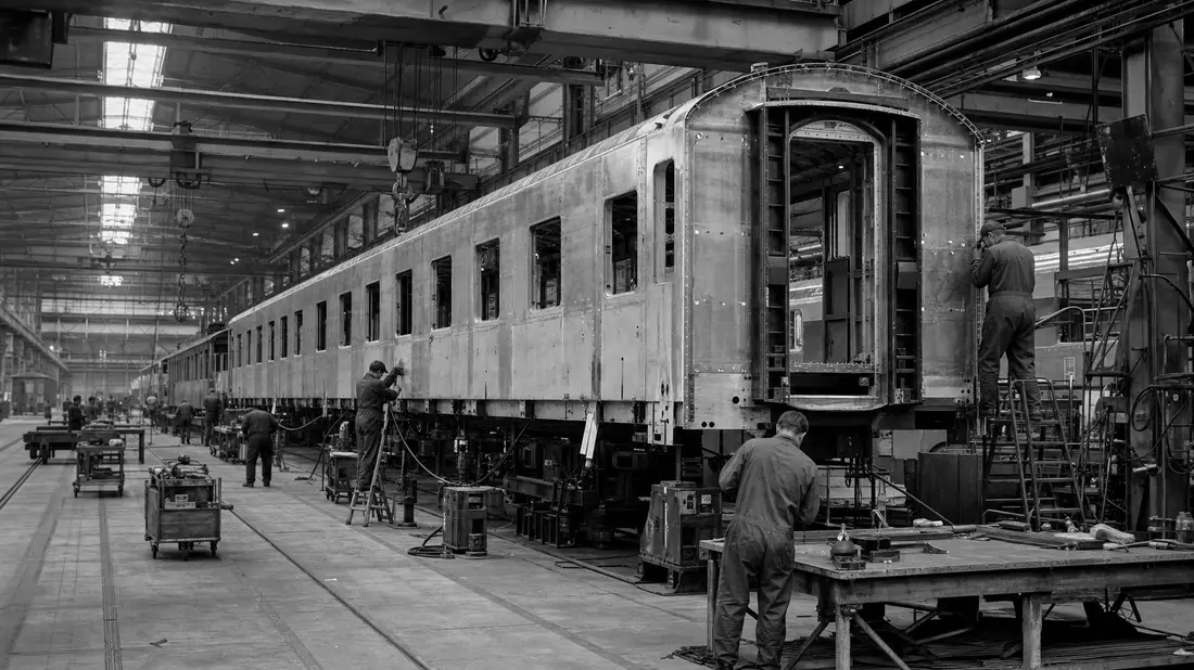 Schwarzweiss-Reportage aus Zugbau-Werkhalle, dokumentarischer Industriestil