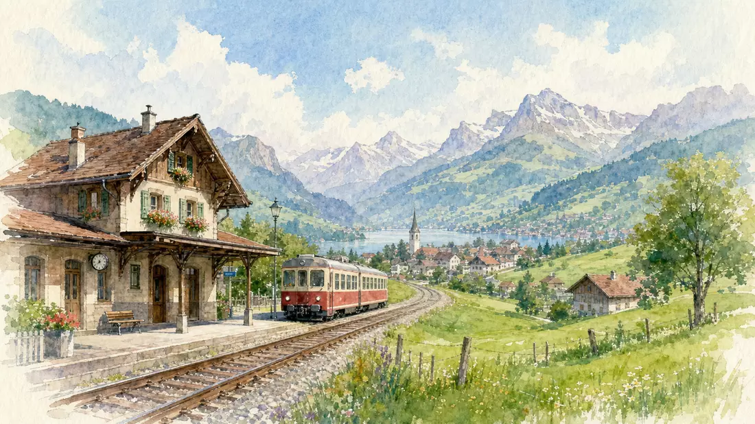 Aquarellmalerei einer Schweizer Bahnlandschaft mit Zug und Hügeln