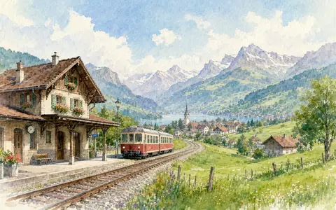 Stadler Rail AG (CH0002178181) inspiriert ein Aquarellbild einer Schweizer Bahnlandschaft im Stil des Schienenfahrzeugbaus - Foto: THN