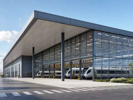 Stadler Rail AG (CH0002178181) zeigt ein modernes Architektur-Rendering der Produktionsanlage für den Schienenfahrzeugbau - Foto: THN