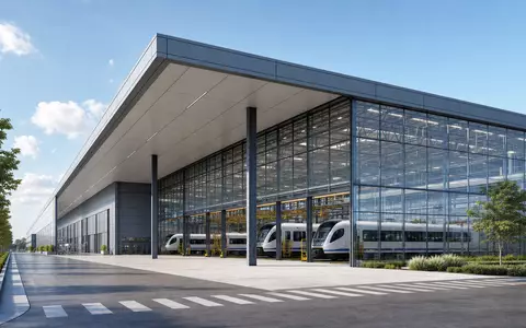 Stadler Rail AG (CH0002178181) zeigt ein modernes Architektur-Rendering der Produktionsanlage für den Schienenfahrzeugbau - Foto: THN