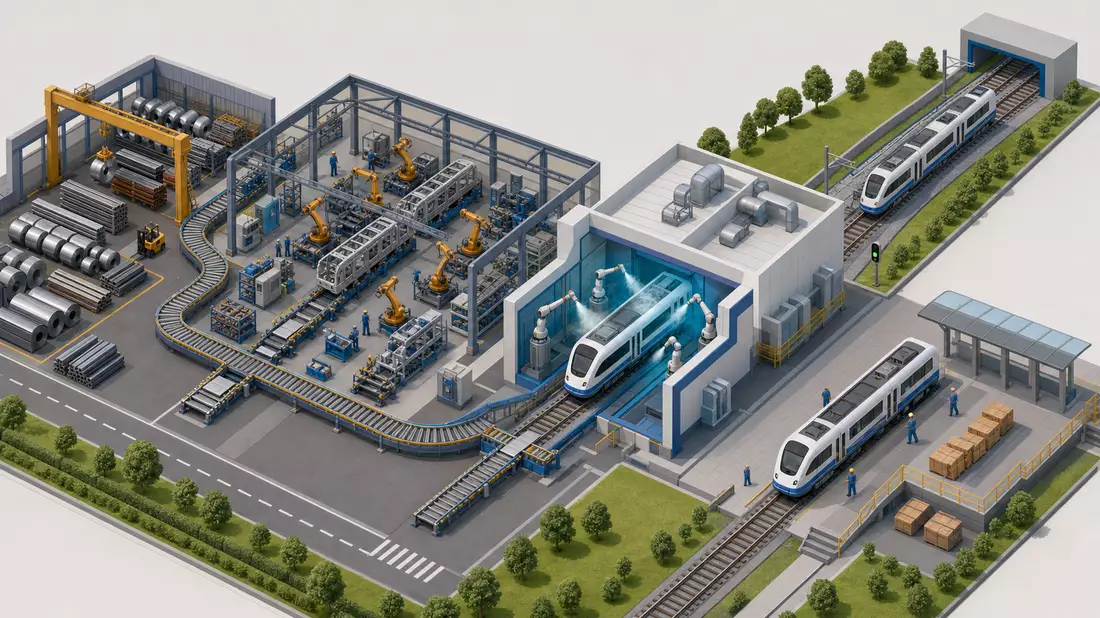 Isometrische 3D-Grafik der Produktionskette im Zugbau von Rohstoff bis Auslieferung