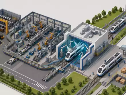 Stadler Rail AG (CH0002178181) veranschaulicht eine isometrische Grafik der Wertschöpfungskette im Schienenfahrzeugbau anschaulich - Foto: THN