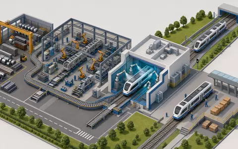 Stadler Rail AG (CH0002178181) veranschaulicht eine isometrische Grafik der Wertschöpfungskette im Schienenfahrzeugbau anschaulich - Foto: THN