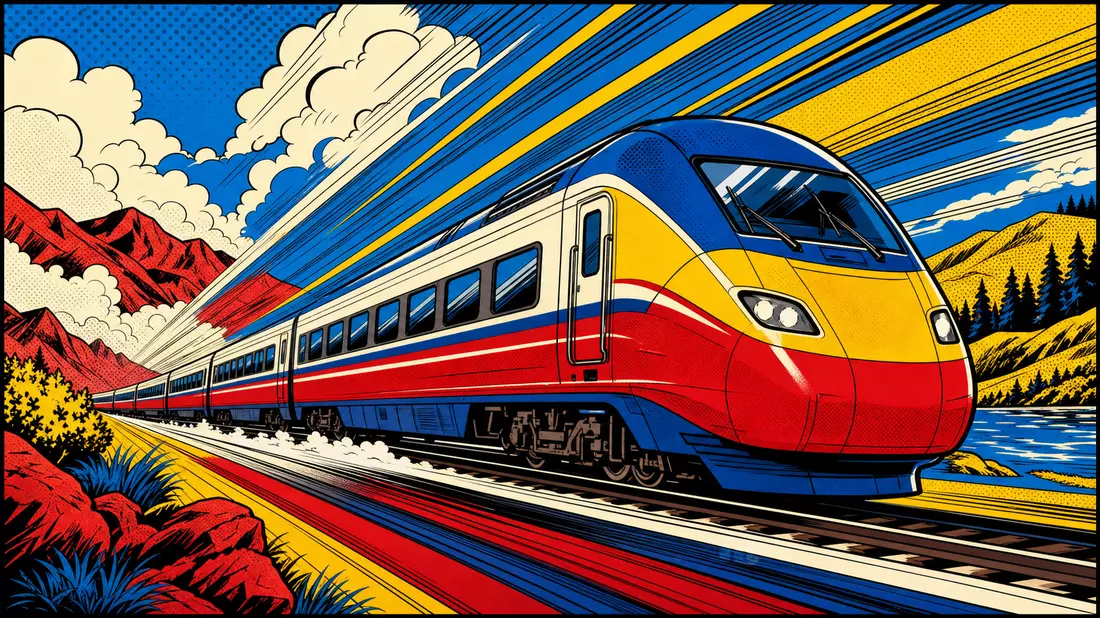 Pop-Art-Comic mit fahrendem Zug in kräftigen Farben und Halbtonpunkten