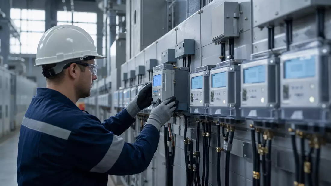 Fotorealistische Aufnahme eines Smart-Meter-Installationsraums mit digitalen Stromzählern