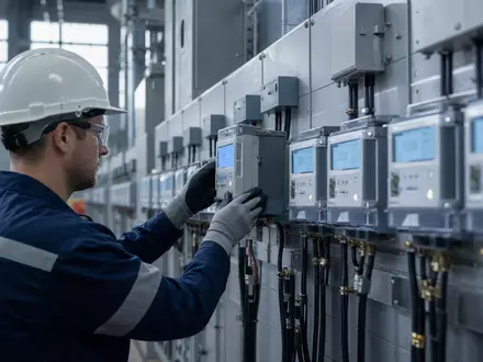 Fotorealistisches Motiv zeigt Landis+Gyr Group AG (CH0371153492) mit intelligenten Stromzählern in moderner Verteilstation - Foto: THN