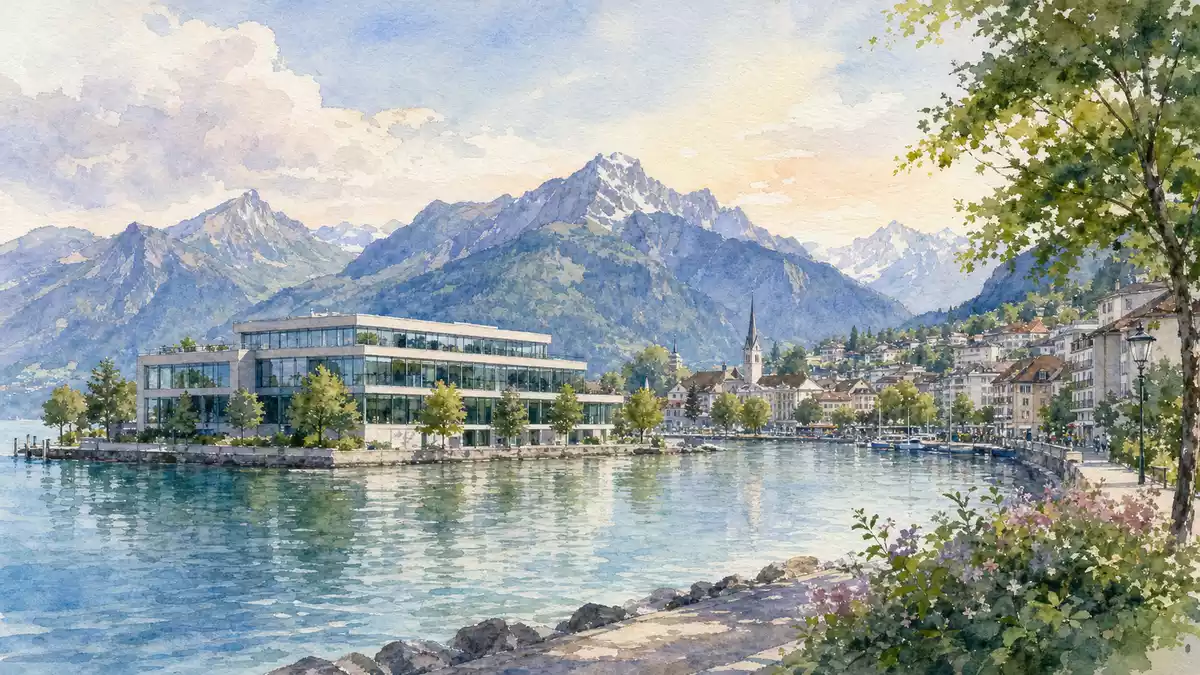 Aquarellmalerei einer Schweizer Kleinstadt mit Bürogebäude und Bergpanorama