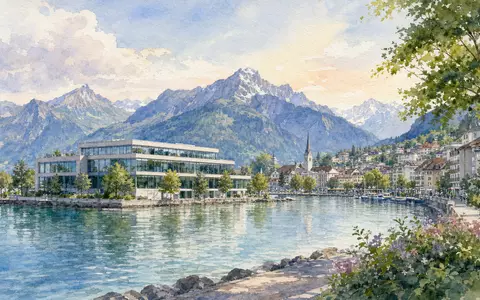 Aquarellillustration zeigt Landis+Gyr Group AG (CH0371153492) Firmensitz in Zug vor Schweizer Alpenlandschaft - Foto: THN